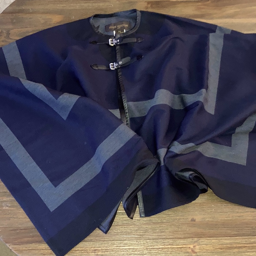Louis Vuitton blue grey leather trim poncho cape